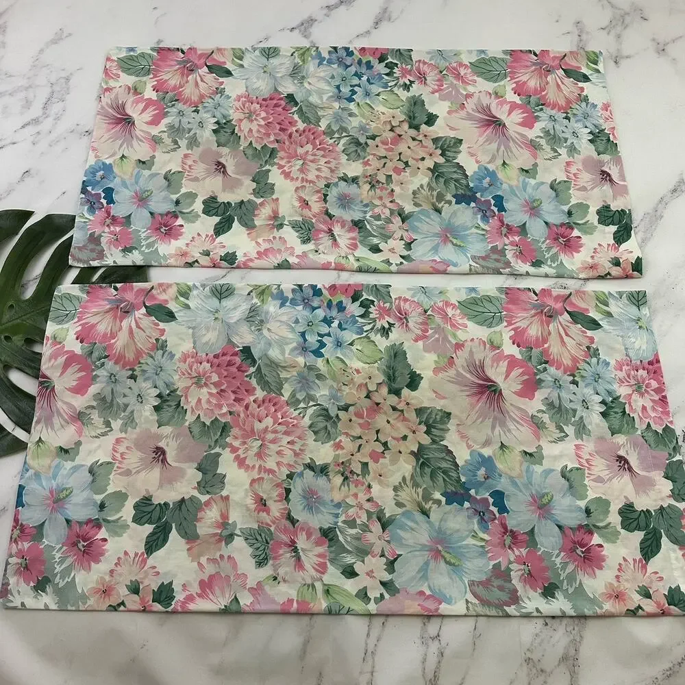 Vintage 90s King Size Pillowcases Set of 2 Green Pink Floral Cotton Poly Cottage